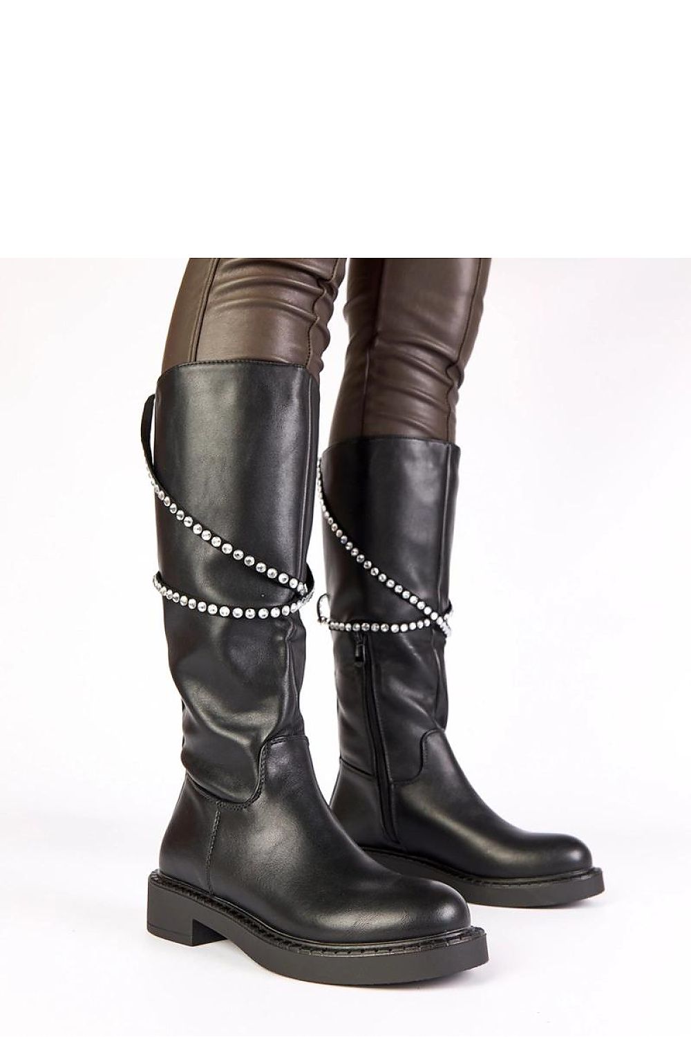 Elegant black thigh-high boots with zircon strap by Solea, highlighting luxurious artificial leather and sophisticated design.