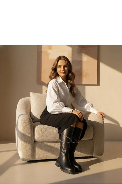 Elegant black thigh-high boots by Solea featuring a stunning zircon strap, perfect for adding sophistication to any outfit.