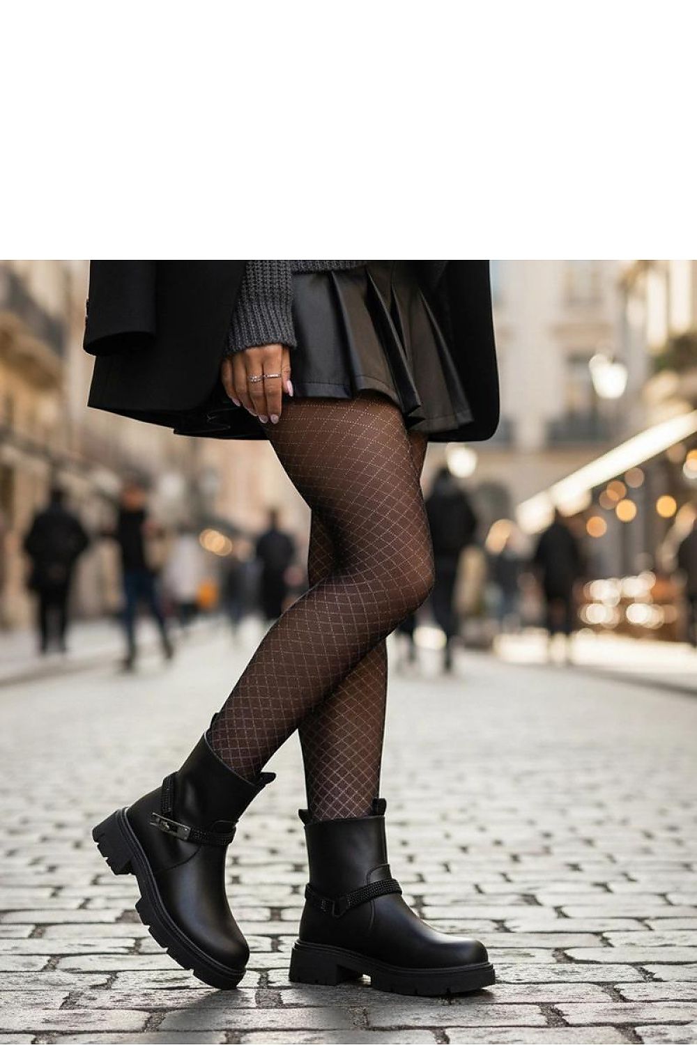 Close-up view of Gemre Women’s Black Platform Boots by Solea showcasing the exquisite zircon detailing and sleek design.