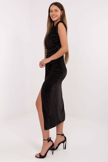 Detailed shot of the metallic decorations and pleats on the Elegant Midi Pencil Dress by Italy Moda, emphasizing sophistication and style.