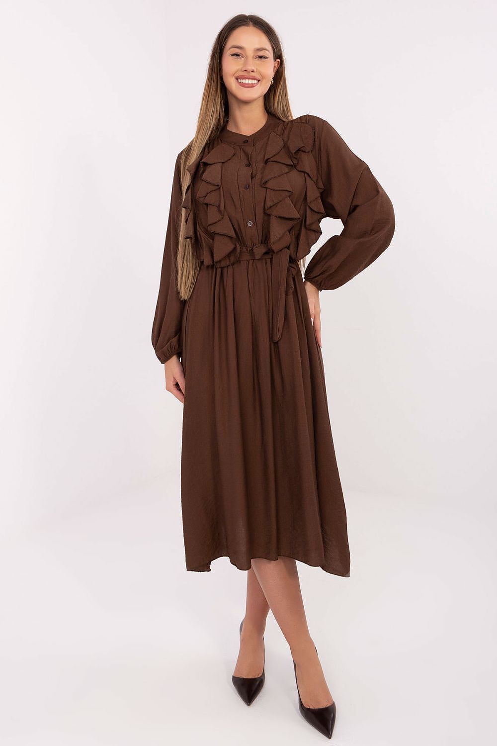 Elegant Midi Shirt Dress by Italy Moda in high-quality viscose, featuring a flared cut and long puffy sleeves, perfect for sophisticated occasions.