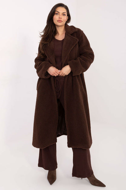 Elegant Women's Knee-Length Shearling Coat from Factory Price featuring a double-breasted closure and stylish waist tie, perfect for chic winter looks.