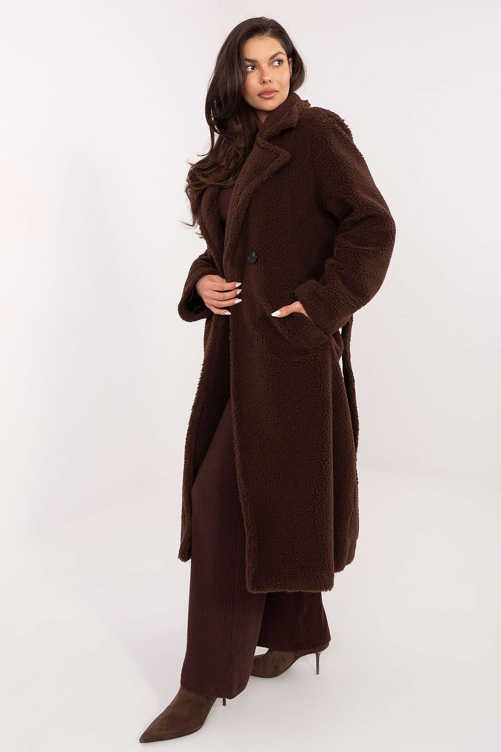 Elegant Women's Knee-Length Shearling Coat by Factory Price featuring stylish double-breasted closure and chic waist tie, perfect for sophisticated winter looks.