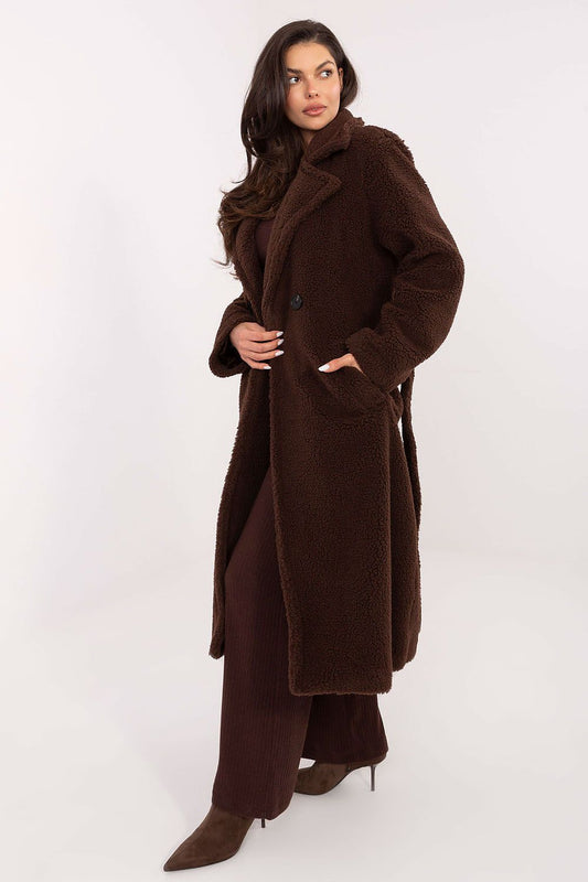 Elegant Women's Knee-Length Shearling Coat by Factory Price featuring stylish double-breasted closure and chic waist tie, perfect for sophisticated winter looks.