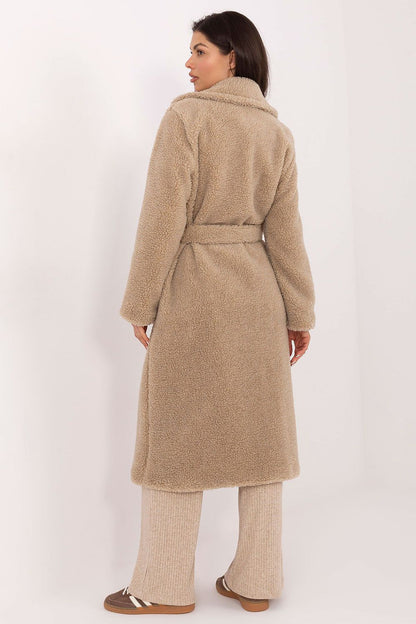 Elegant Women's Knee-Length Shearling Coat by Factory Price, showcasing double-breasted closure and chic tie waist, perfect for stylish winter wear.