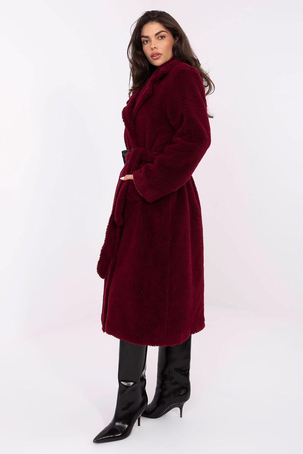 Elegant knee-length shearling coat for women by Factory Price, featuring a modern wide collar and long sleeves, perfect for chic autumn outings.