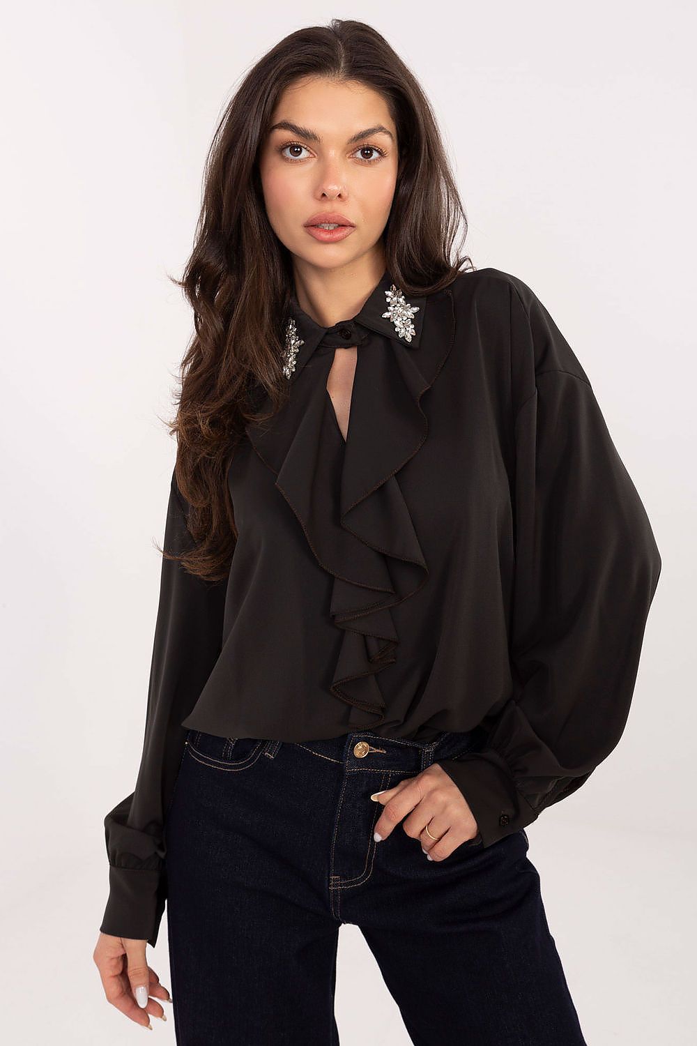 Elegant Long-Line Polyester Blouse with stylish puff sleeves and decorative collar by Factory Price, showcasing luxurious details and modern design.