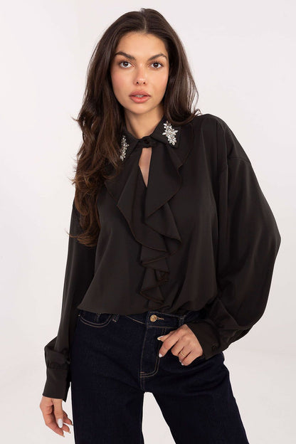 Elegant Long-Line Polyester Blouse with stylish puff sleeves and decorative collar by Factory Price, showcasing luxurious details and modern design.