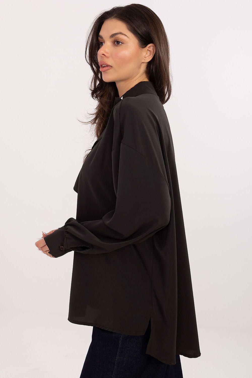 Close-up of the decorative collar and puff sleeves of the Elegant Long-Line Polyester Blouse from Factory Price, featuring a sophisticated jabot accent.