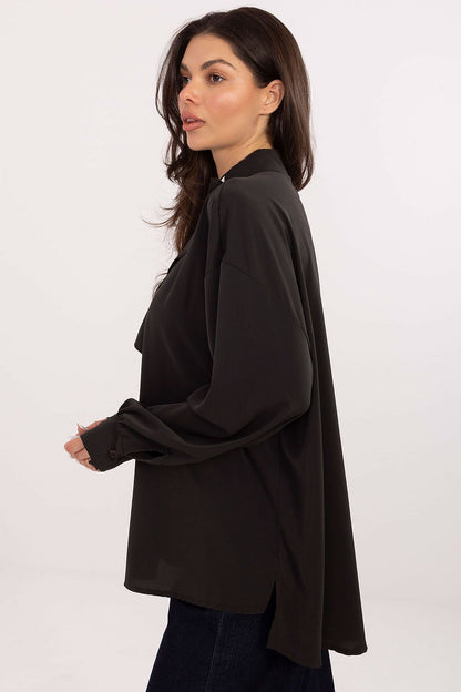 Close-up of the decorative collar and puff sleeves of the Elegant Long-Line Polyester Blouse from Factory Price, featuring a sophisticated jabot accent.