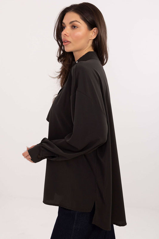 Close-up of the decorative collar and puff sleeves of the Elegant Long-Line Polyester Blouse from Factory Price, featuring a sophisticated jabot accent.