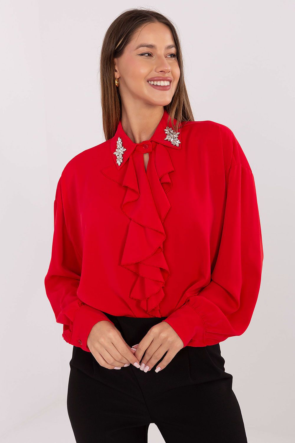 Back view of the Elegant Long-Line Polyester Blouse with a longer back designed by Factory Price, highlighting its flattering silhouette.
