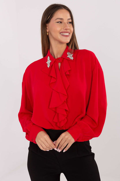 Back view of the Elegant Long-Line Polyester Blouse with a longer back designed by Factory Price, highlighting its flattering silhouette.