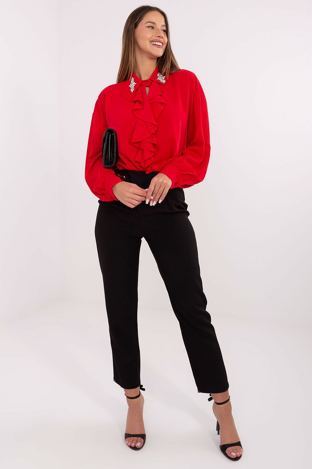 The Elegant Long-Line Polyester Blouse styled for a chic evening look by Factory Price, perfect for formal dinners or work events.