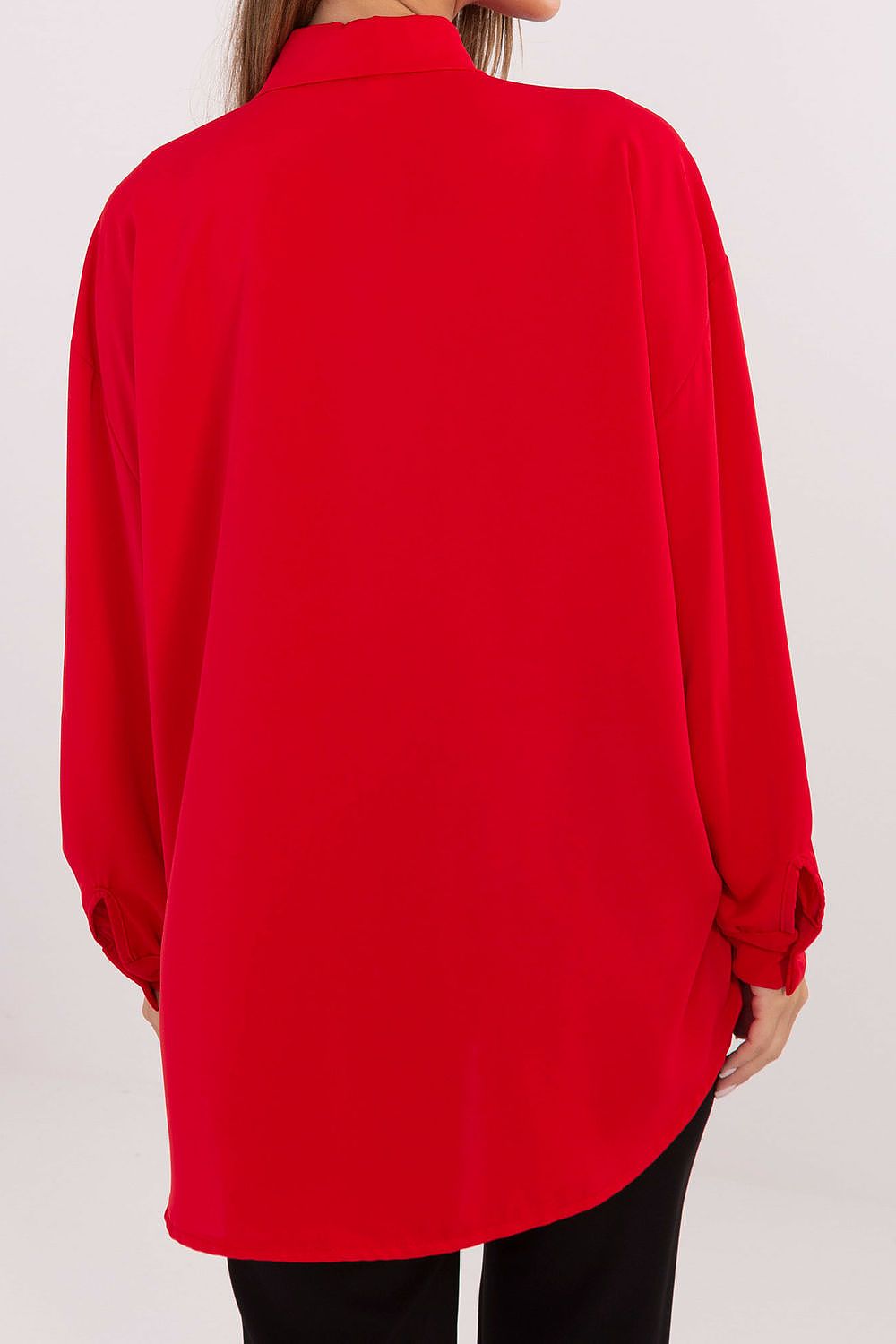 Elegant long-line polyester blouse by Factory Price, featuring stylish puff sleeves and a decorative collar, perfect for chic occasions.