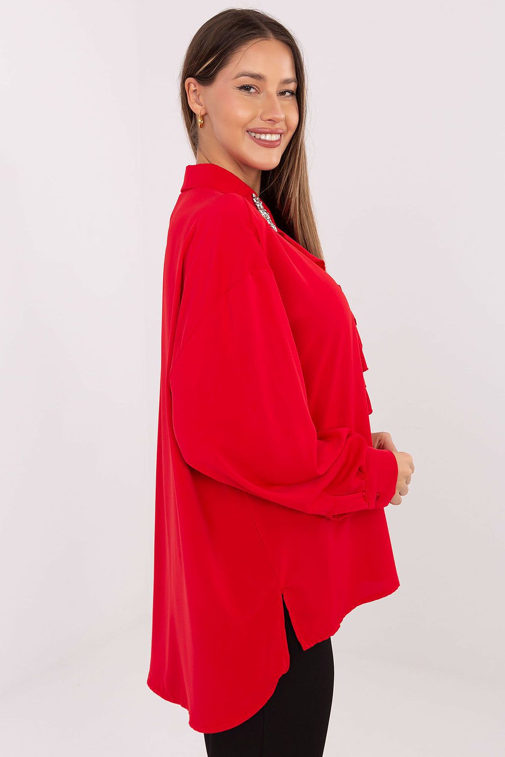 Detail shot of Factory Price elegant blouse, showcasing decorative collar and puff sleeves for a luxurious and sophisticated style.