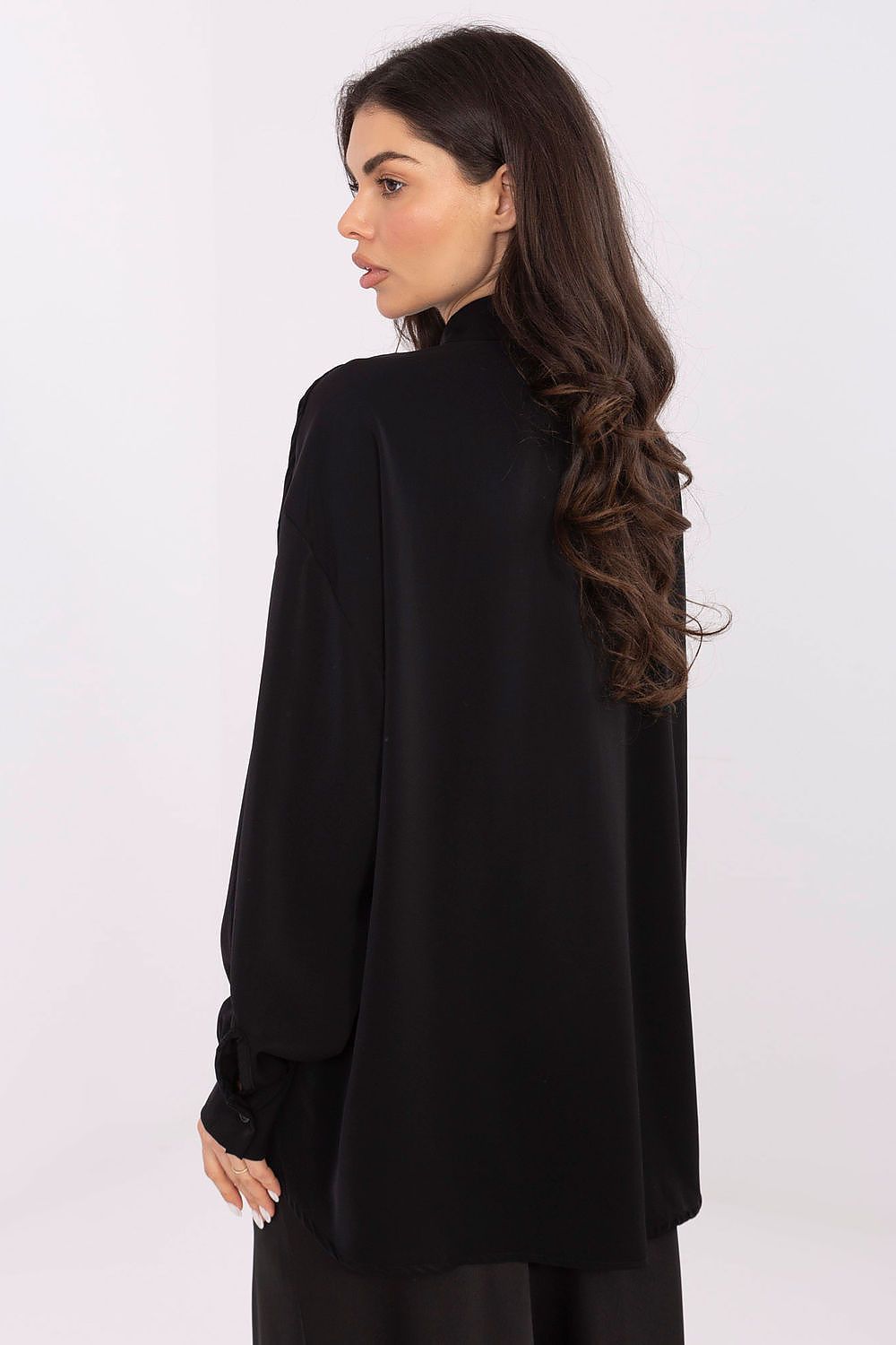 Close-up view of the decorative collar and puff sleeves of the Elegant Long-Line Polyester Blouse by Factory Price, highlighting exquisite craftsmanship and stylish details.