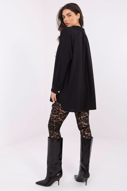 Close-up of the classic collar and button closure of the elegant long sleeve women's shirt by Factory Price, highlighting its timeless design.