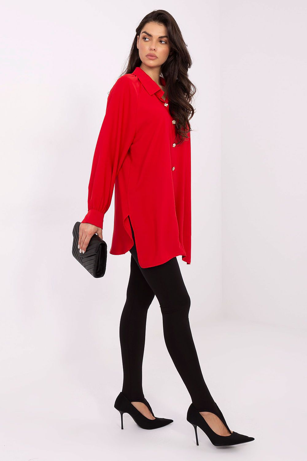 Fashionable image of the elegant long sleeve women's shirt from Factory Price, perfect for pairing with tailored trousers or chic skirts for a polished appearance.