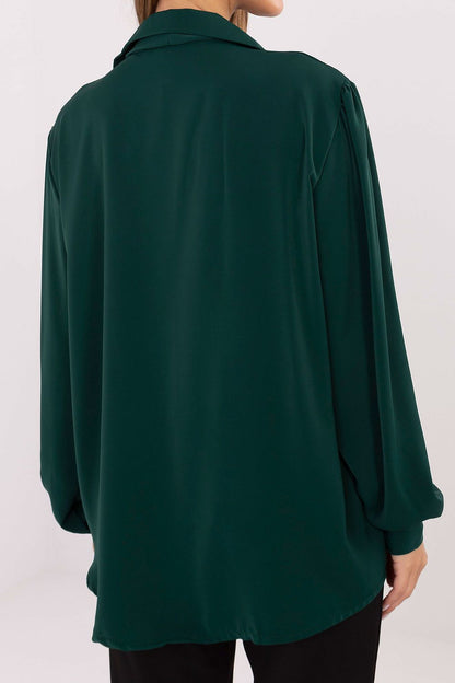 Elegant V-Neck Blouse with Detachable Brooch in EU 0 Size from Factory Price, showcasing trendy puff sleeves and luxurious lightweight polyester.