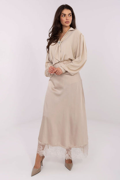 Elegant V-Neck Blouse with Detachable Brooch by Factory Price, showcasing trendy puff sleeves in a luxurious lightweight polyester fabric.