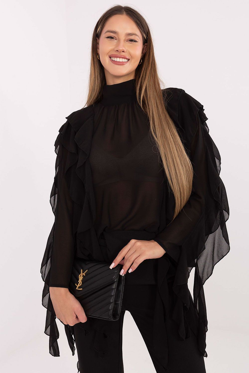 Elegant Women's Turtleneck Blouse in EU Size 0 by Factory Price, showcasing luxurious viscose-polyester blend fabric with sophisticated ruffle detailing.