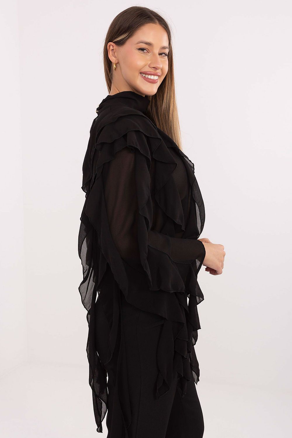 Back view of the Elegant Women's Turtleneck Blouse with exquisite ruffles by Factory Price, demonstrating a flattering silhouette and luxurious fabric blend.