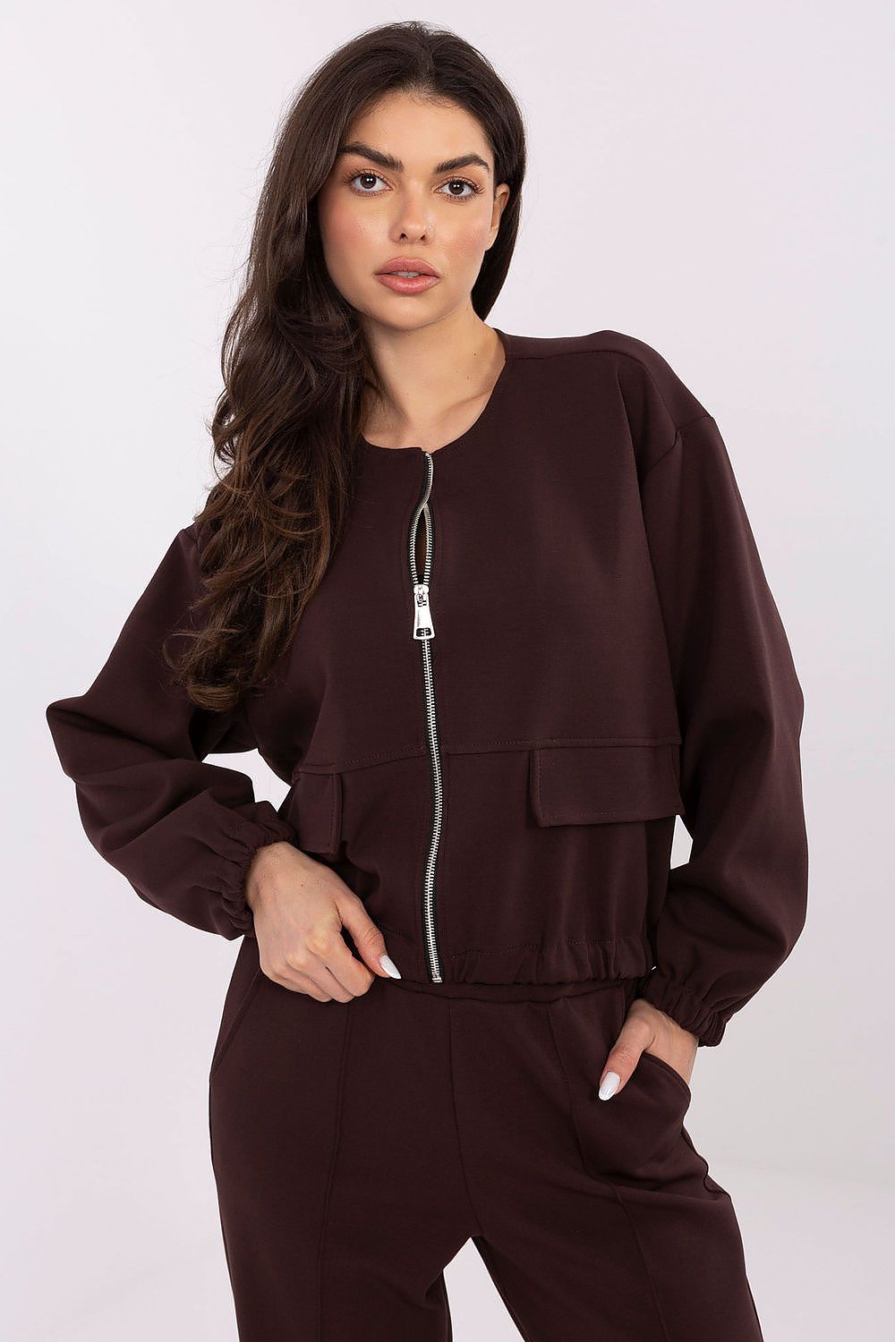 Luxury Women's Casual Sweatshirt with Zipper and Puff Sleeves by Factory Price, crafted from a soft cotton-polyester blend, showcasing elegant style for modern wardrobes.