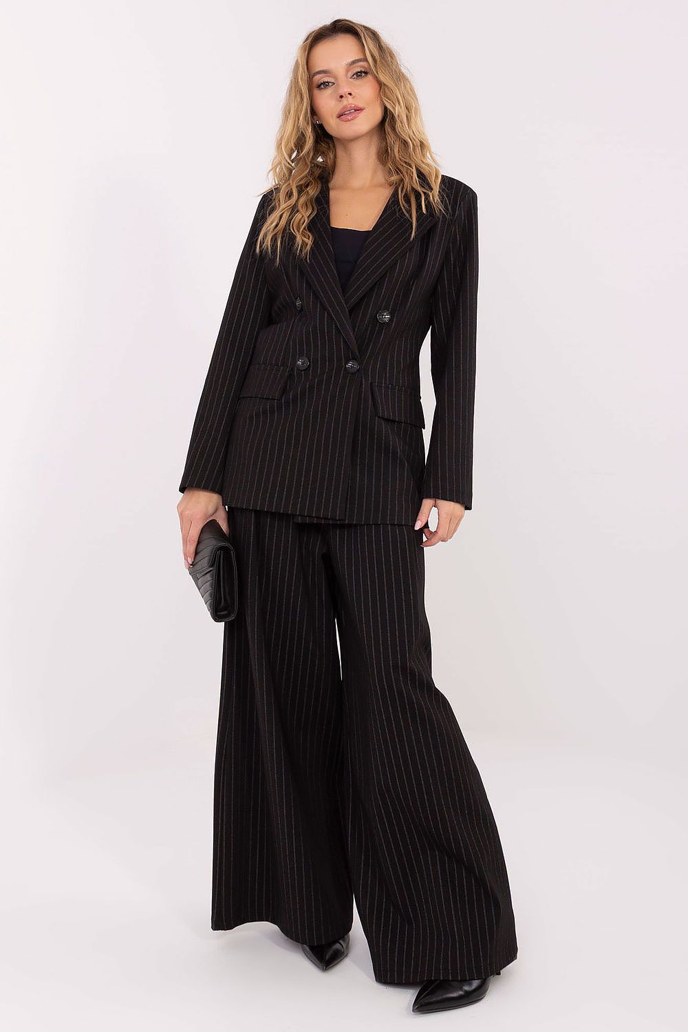 Rue Paris Elegant Women's Palazzo Trousers showcasing high waist and chic pinstripe design, perfect for sophisticated occasions.