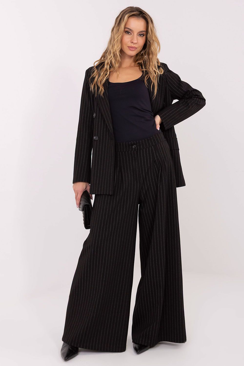 Elegant Women's Palazzo Trousers by Rue Paris showcasing chic high waist design and luxurious pinstripe pattern, perfect for sophisticated occasions.