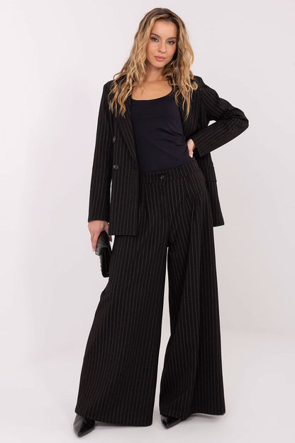 Elegant Women's Palazzo Trousers by Rue Paris showcasing chic high waist design and luxurious pinstripe pattern, perfect for sophisticated occasions.