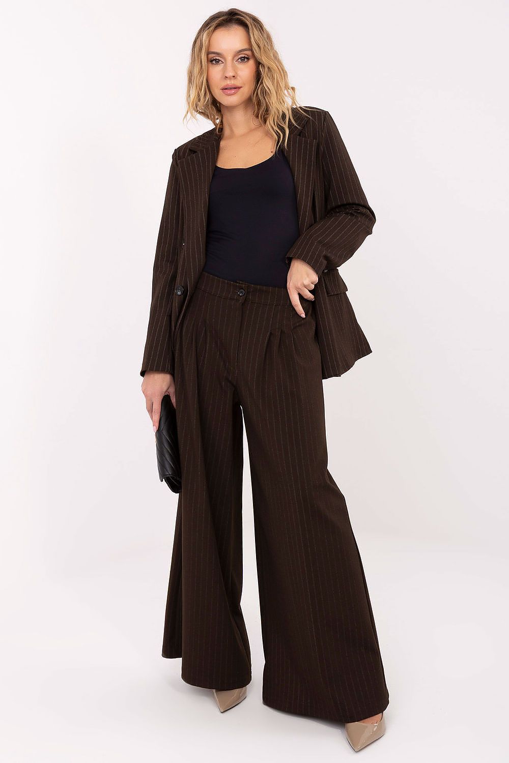 Elegant Women's Palazzo Trousers by Rue Paris featuring a sophisticated pinstripe design and high waist, perfect for a luxurious look.