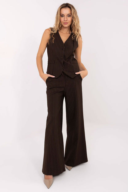 Elegant women's wide leg palazzo trousers in striped pattern by Rue Paris, showcasing light fabric draping beautifully for luxurious comfort.