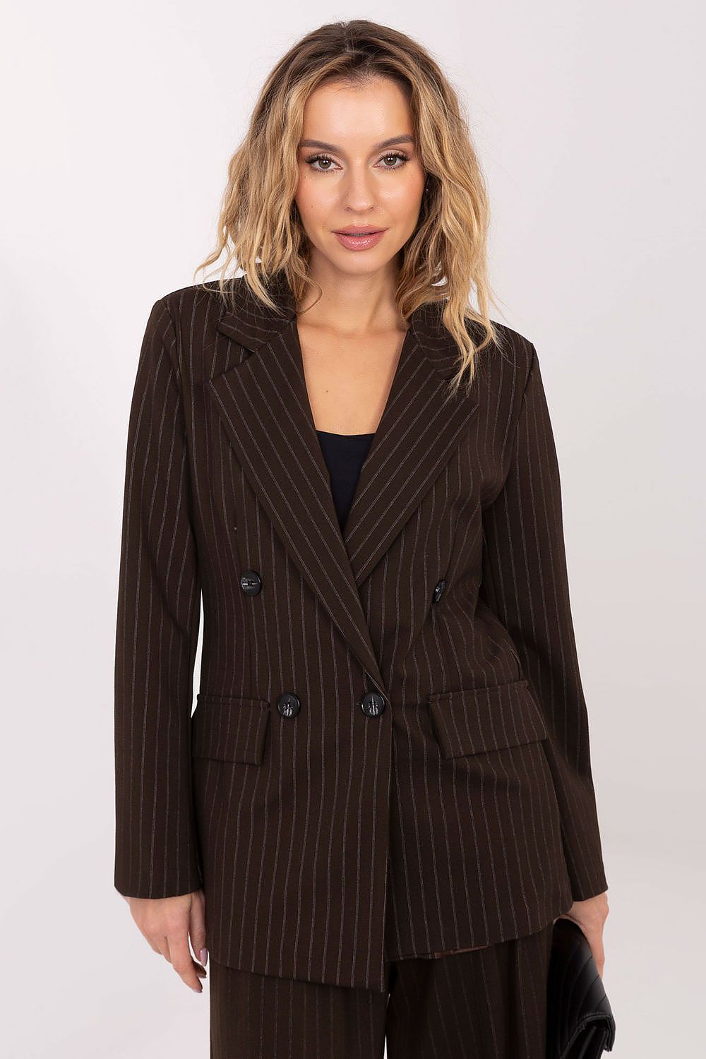 Elegant double-breasted striped blazer by Rue Paris, showcasing sophisticated design and luxurious fabric, perfect for office and formal wear.