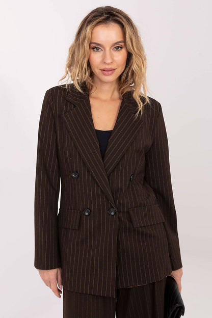 Elegant double-breasted striped blazer by Rue Paris, showcasing sophisticated design and luxurious fabric, perfect for office and formal wear.