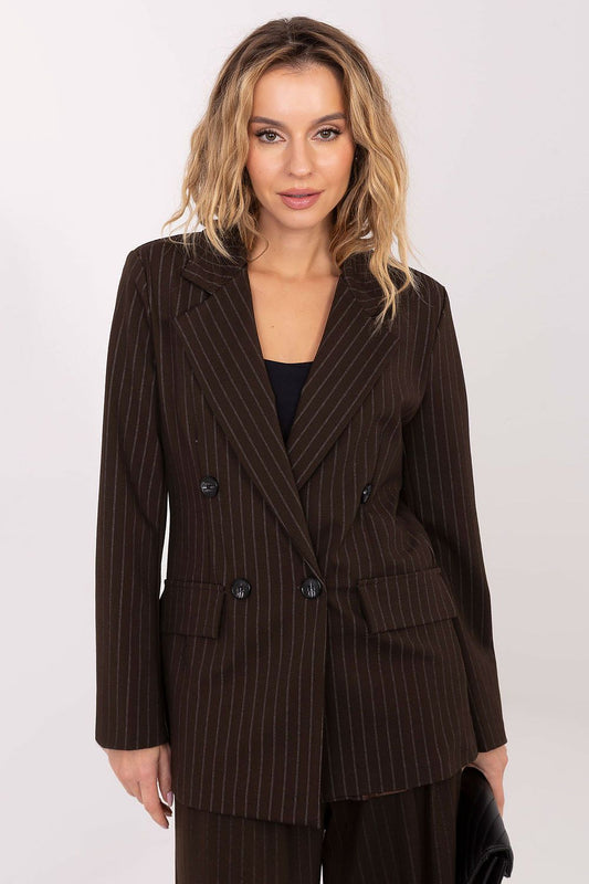 Elegant double-breasted striped blazer by Rue Paris, showcasing sophisticated design and luxurious fabric, perfect for office and formal wear.