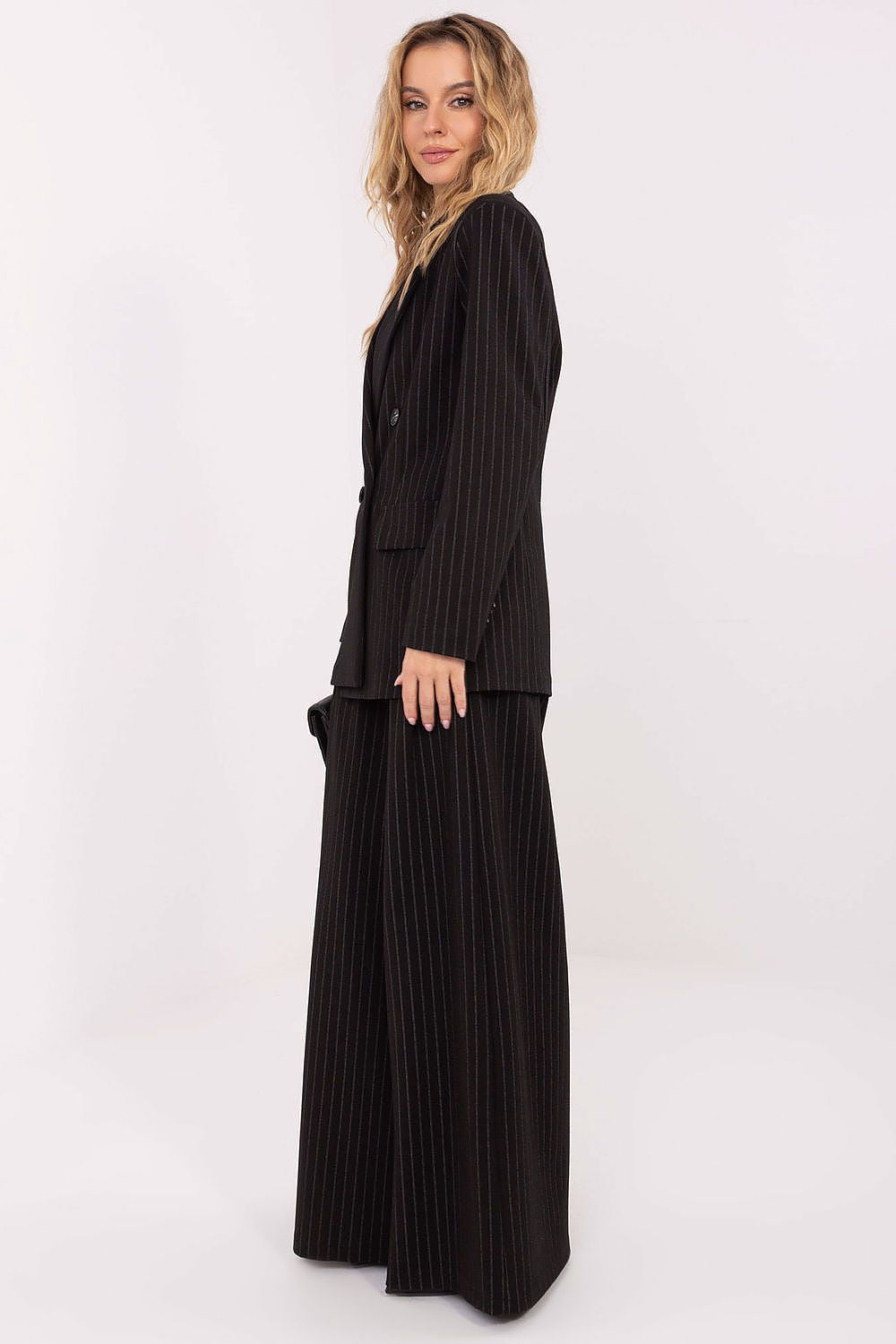 Back view of the Elegant Double-Breasted Striped Blazer by Rue Paris highlighting its tailored fit and premium craftsmanship.