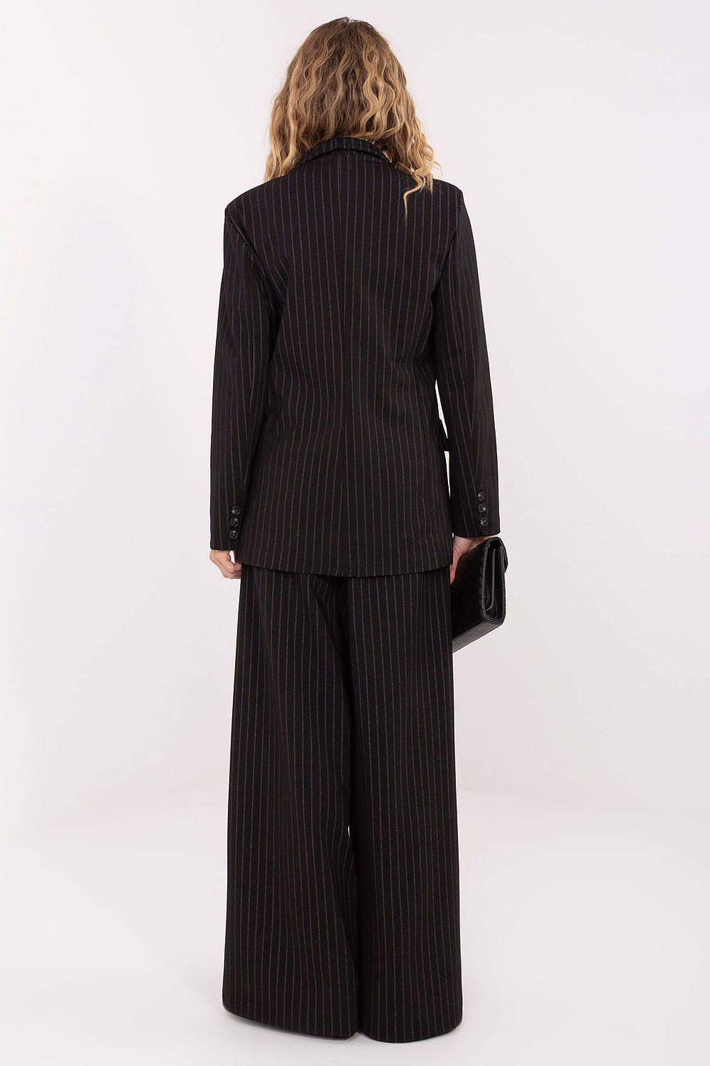 Elegant Double-Breasted Striped Blazer by Rue Paris displayed on a hanger, showcasing its refined fabric and stylish striped pattern.