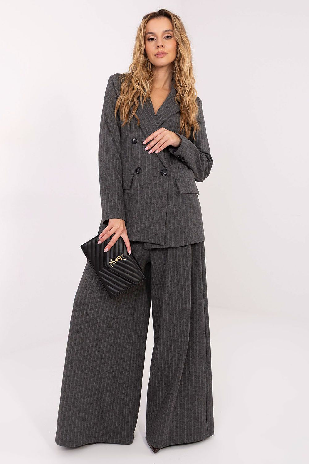 Elegant double-breasted striped blazer by Rue Paris showcasing sophisticated style for office and formal wear.