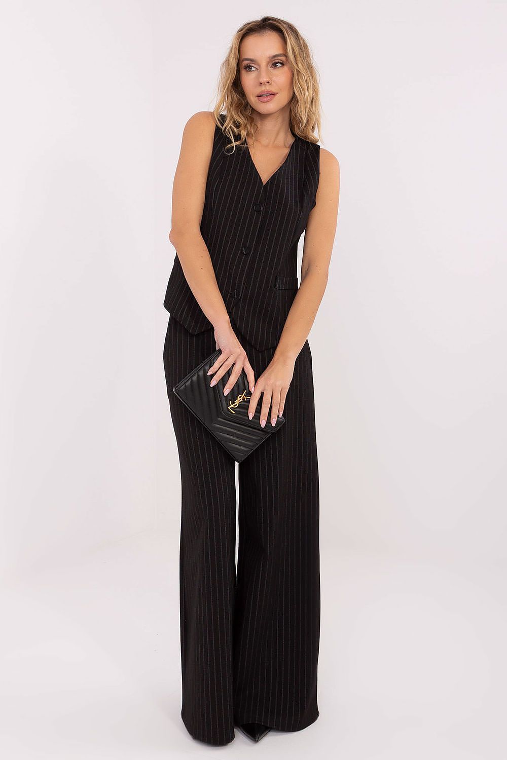 Elegant striped vest for women by Rue Paris, displaying chic detailing and flattering silhouette for a polished look.