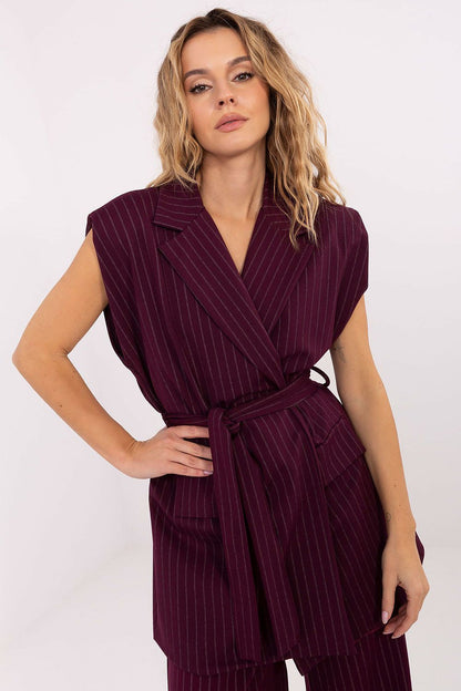 Elegant Striped Women's Gilet Vest with Tie Belt by Rue Paris, showcasing a refined design perfect for chic workwear.