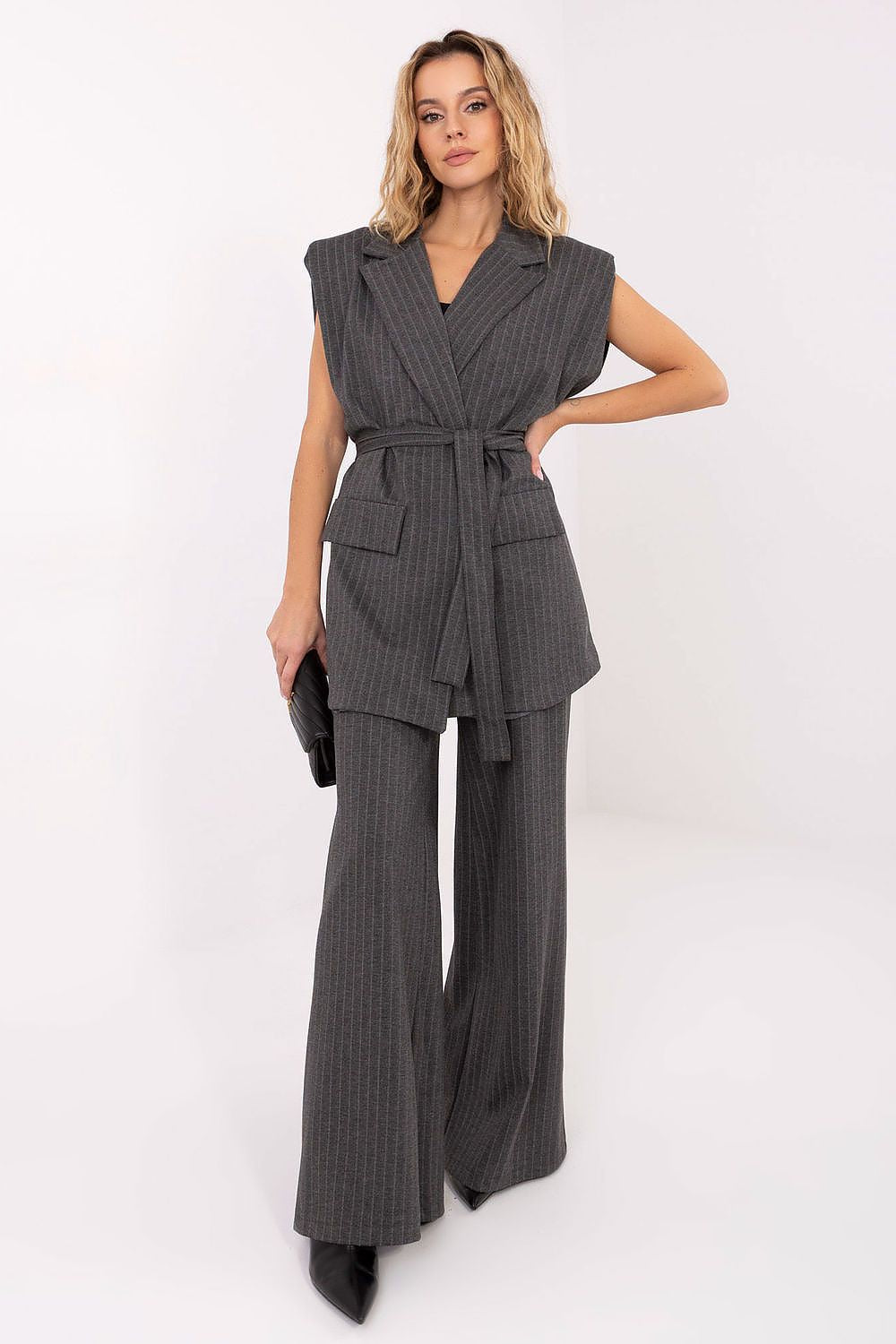 Elegant Striped Women's Gilet Vest with Tie Belt by Rue Paris, showcasing premium quality fabric and chic design for modern workwear.