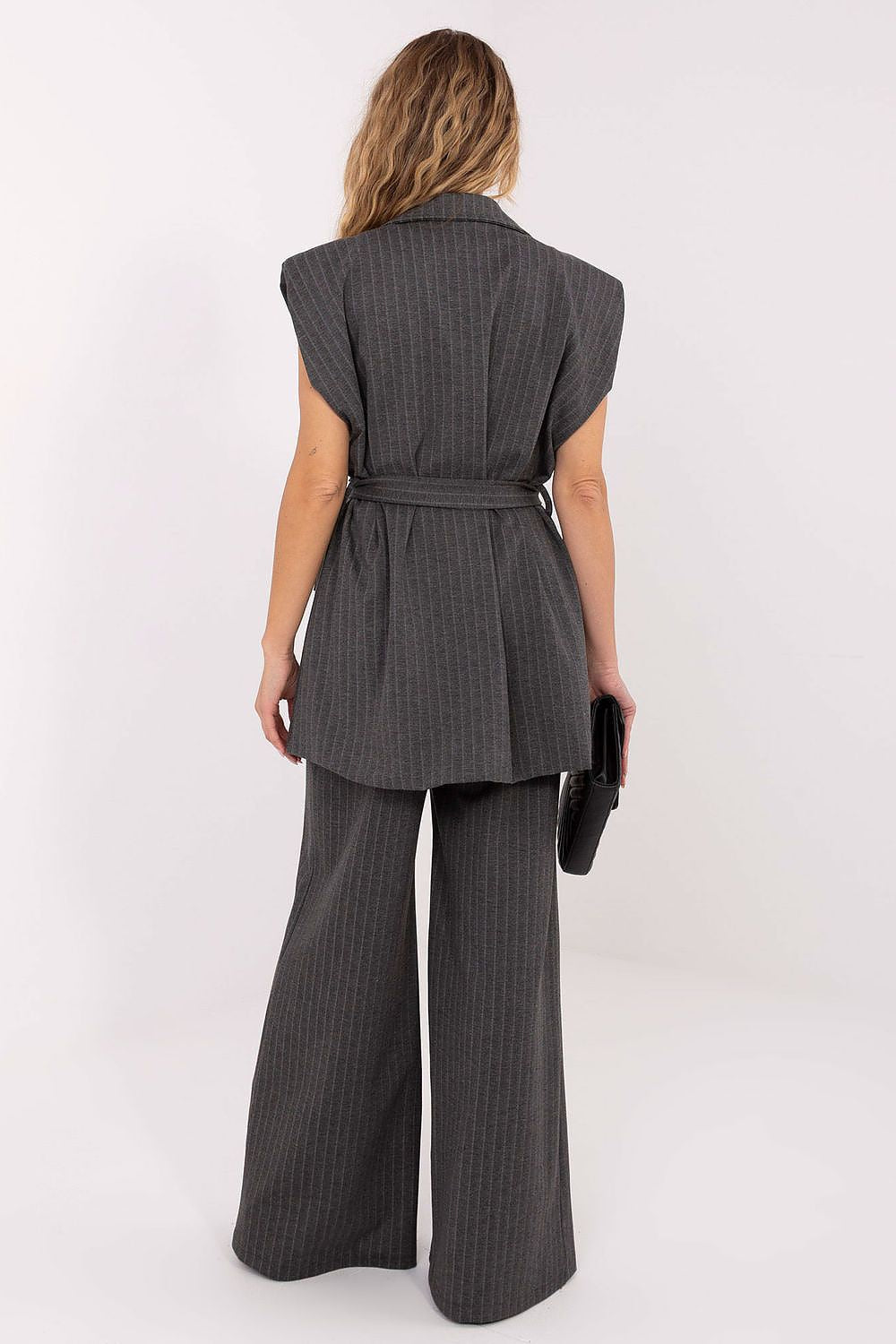 Close-up of the tie belt detail on the Elegant Striped Women's Gilet Vest by Rue Paris, emphasizing versatile styling options and sophistication.