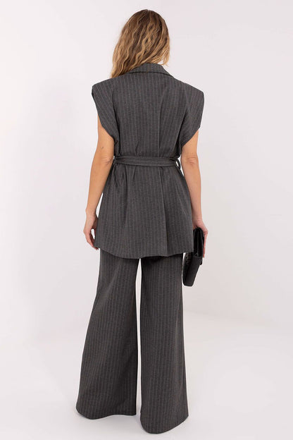 Close-up of the tie belt detail on the Elegant Striped Women's Gilet Vest by Rue Paris, emphasizing versatile styling options and sophistication.