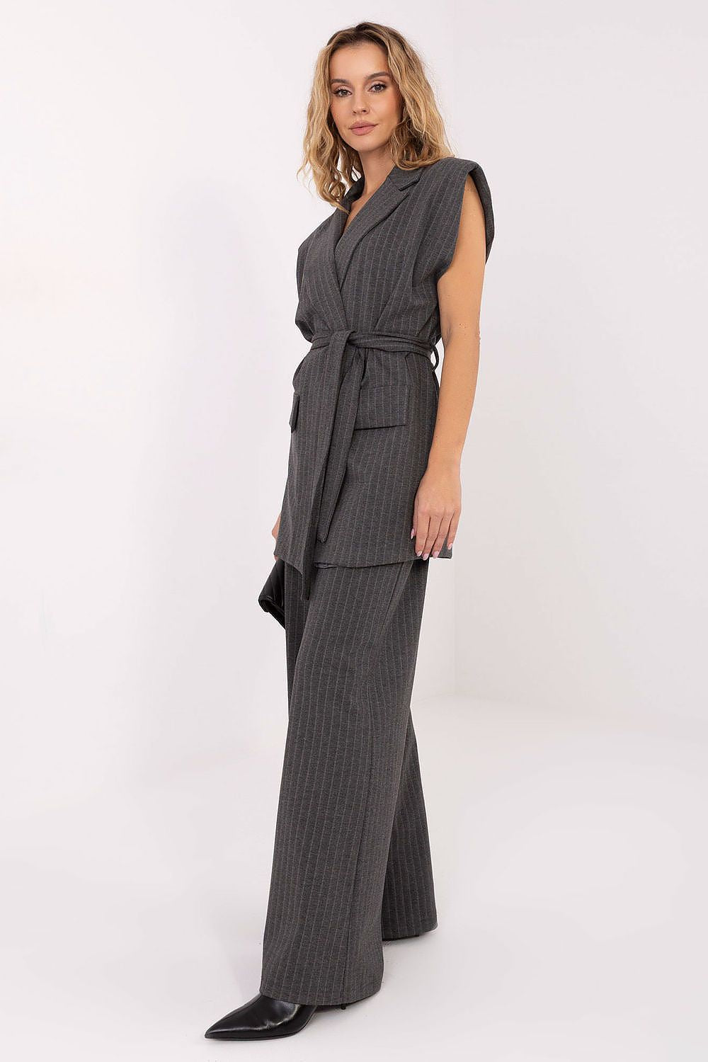 Back view of the Elegant Striped Women's Gilet Vest with structured shoulder pads, designed by Rue Paris for a polished professional appearance.