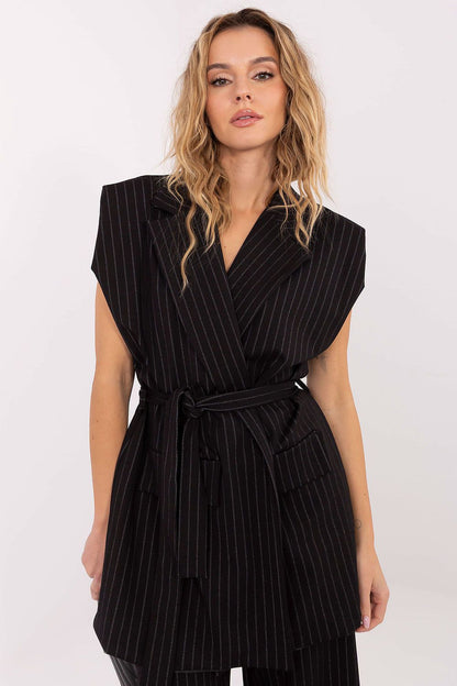 Full-length view of the Elegant Striped Women's Gilet Vest by Rue Paris, perfectly styled with tailored trousers for a chic office outfit.