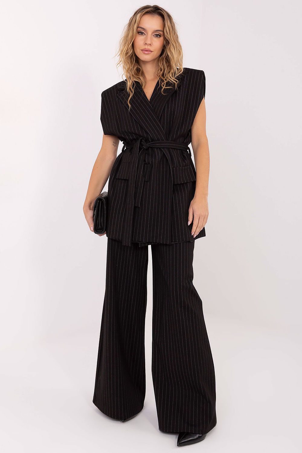 Elegant Striped Women's Gilet Vest on a model, highlighting the relaxed fit and luxury of Rue Paris workwear, ideal for elegant occasions.