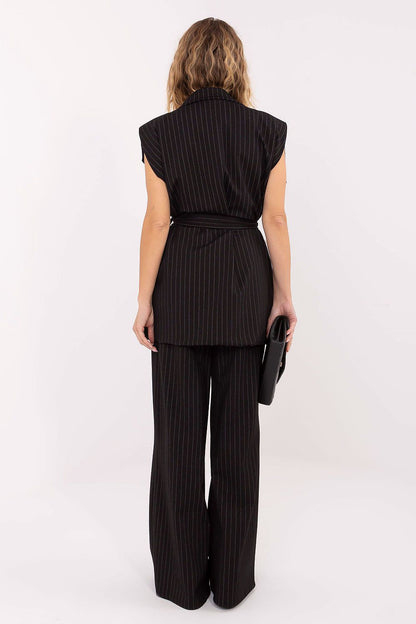 Elegant Striped Women's Gilet Vest with Tie Belt by Rue Paris, showcasing sophisticated striped pattern for chic workwear.