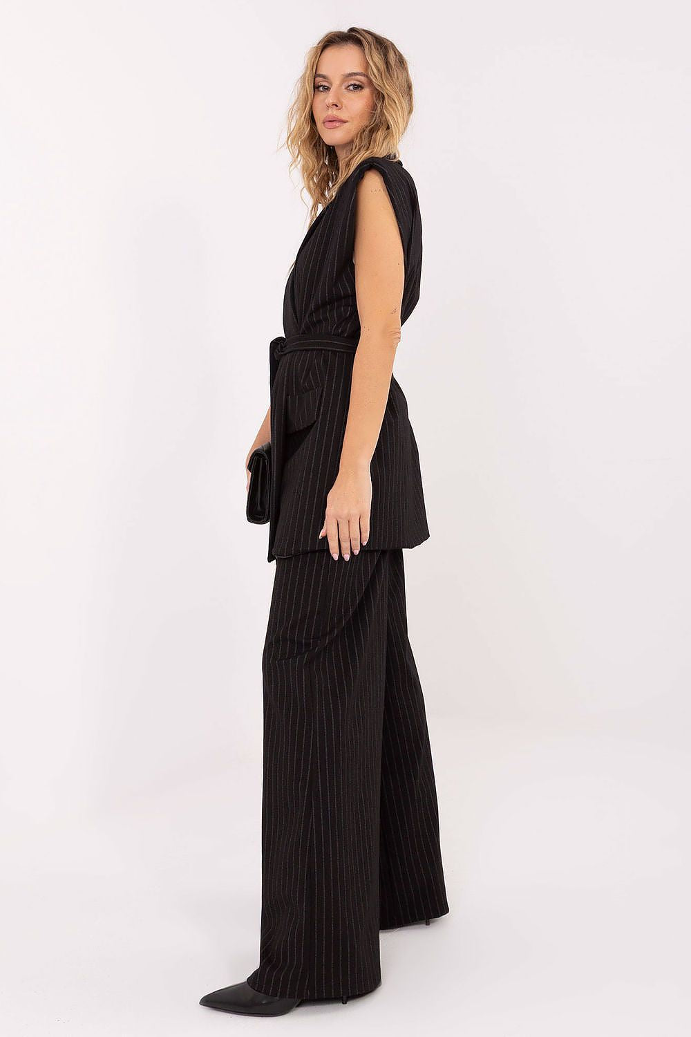 Close-up view of Elegant Striped Women's Gilet Vest detail with tie belt from Rue Paris, highlighting premium fabric texture and craftsmanship.