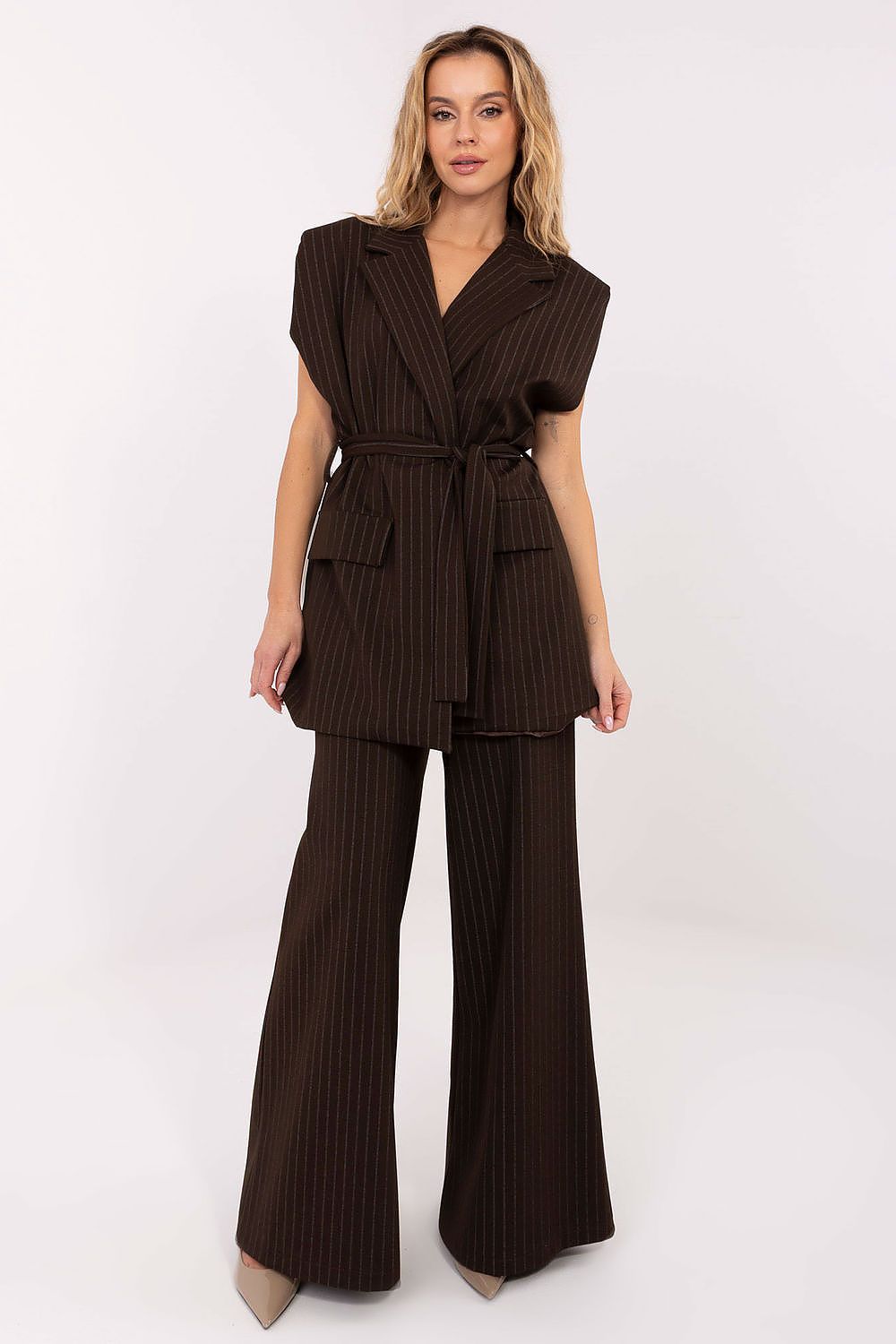 Elegant Striped Women's Gilet Vest with Tie Belt, displayed on a mannequin by Rue Paris, illustrating structured shoulder pads and relaxed fit.